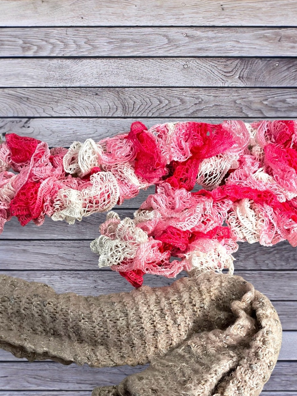 Pink and white Ruffle Knit Scarf and light pinkish tan with silver scarf